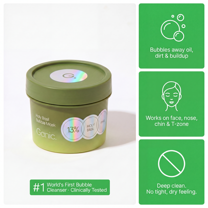 Holy Basil Bubble Deep Mask | Blackhead Removal & Pore Cleansing, Purifying Clay Wash-Off Pack, Carbonated Water, for Sensitive Skin | Korean Skincare, 90g / 3.17 oz